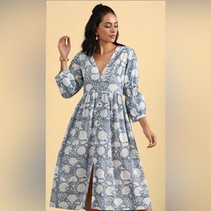 Gorgeous Blue Floral Hand Block Print Cotton Midi Dress Small French Provençal